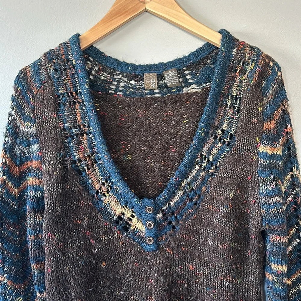 BKE Multicolor Loose Knit Deep V-Neck Henley Sweater Sz‎ L